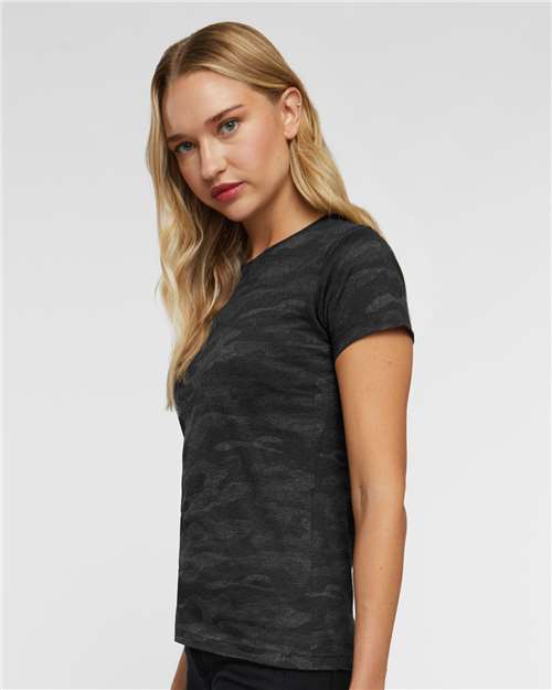 LAT 3516 Women's Fine Jersey Tee - Storm Camo - model side