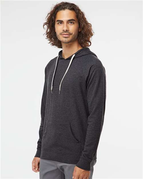 Independent Trading Co. SS1000 Unisex Icon Lightweight Loopback Terry Hooded Sweatshirt - Charcoal Heather - model side