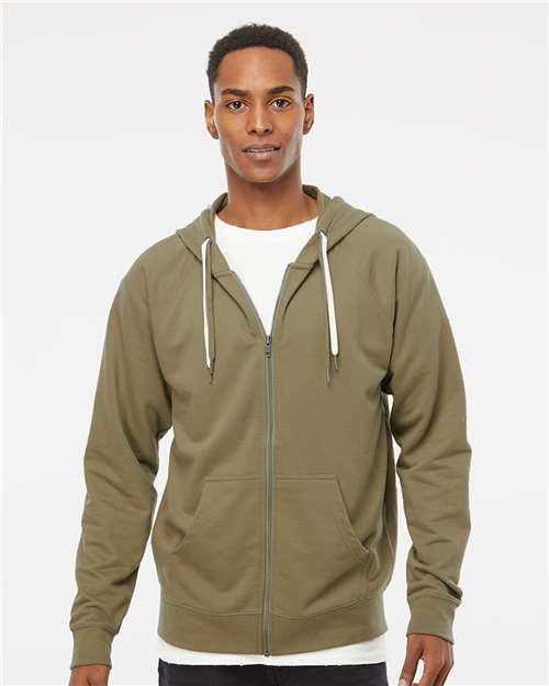 Independent Trading Co. SS1000Z Unisex Icon Lightweight Loopback Terry Full-Zip Hooded Sweatshirt - Olive - model front