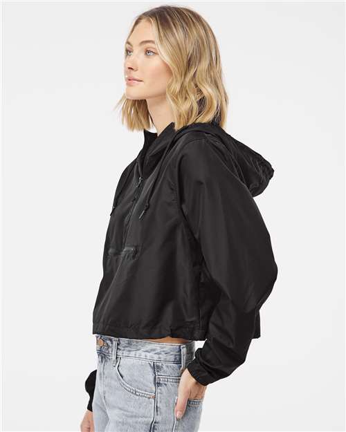 Independent Trading Co. EXP64CRP Women's Lightweight Quarter-Zip Pullover Crop Windbreaker - Black - model side