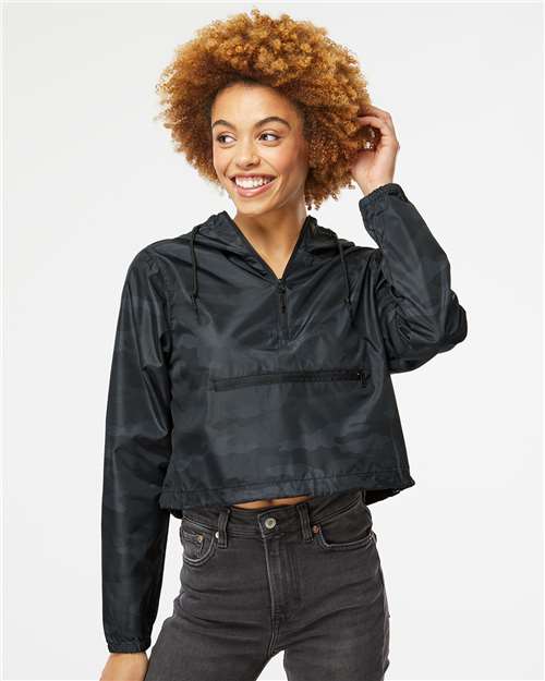 Independent Trading Co. EXP64CRP Women's Lightweight Quarter-Zip Pullover Crop Windbreaker - Black Camo - model front