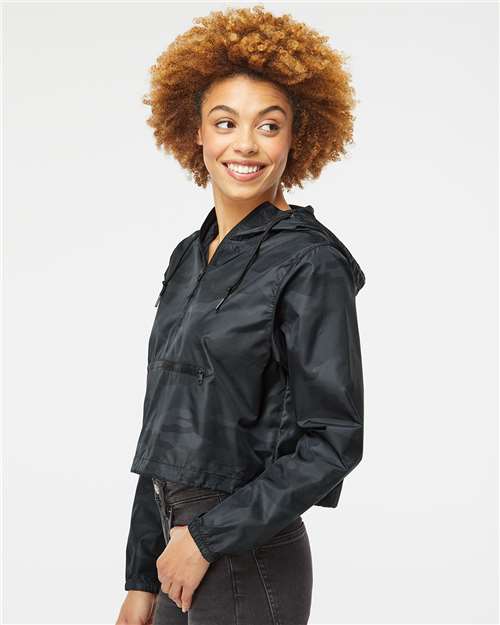 Independent Trading Co. EXP64CRP Women's Lightweight Quarter-Zip Pullover Crop Windbreaker - Black Camo - model side