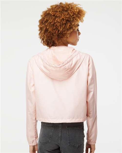 Independent Trading Co. EXP64CRP Women's Lightweight Quarter-Zip Pullover Crop Windbreaker - Blush/ White Zipper - model back