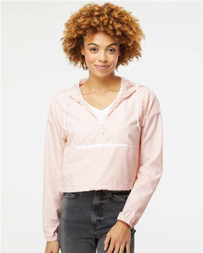Independent Trading Co. EXP64CRP Women's Lightweight Quarter-Zip Pullover Crop Windbreaker - Blush/ White Zipper - model front