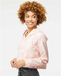 Independent Trading Co. EXP64CRP Women's Lightweight Quarter-Zip Pullover Crop Windbreaker - Blush/ White Zipper - model side