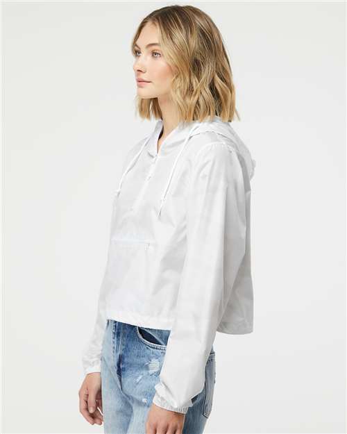Independent Trading Co. EXP64CRP Women's Lightweight Quarter-Zip Pullover Crop Windbreaker - White Camo - model side