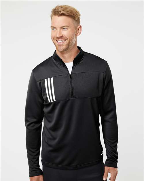 Adidas A482 Men's 3-Stripes Double-Knit Quarter-Zip Pullover - Black/ Grey Two - model front