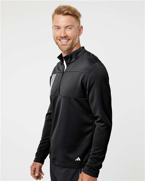 Adidas A482 Men's 3-Stripes Double-Knit Quarter-Zip Pullover - Black/ Grey Two - model side