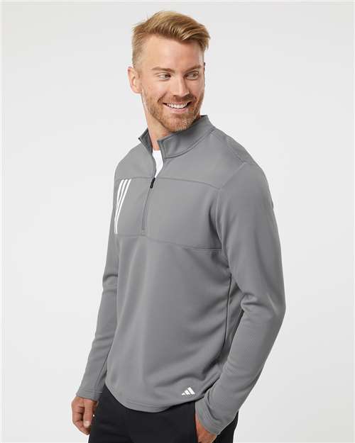 Adidas A482 Men's 3-Stripes Double-Knit Quarter-Zip Pullover - Grey Three/ White - model side