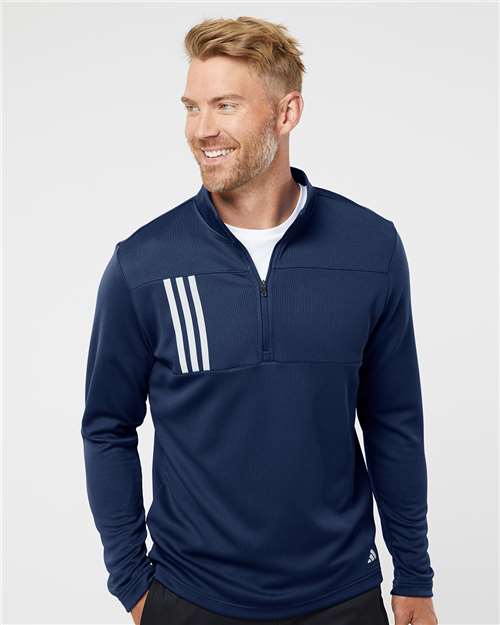 Adidas A482 Men's 3-Stripes Double-Knit Quarter-Zip Pullover - Team Navy Blue/ Grey Two - model front