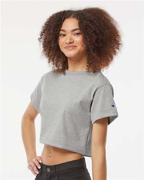 Champion T453W Women's Heritage Jersey Crop T-Shirt - Oxford Grey - model side
