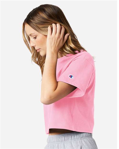 Champion T453W Women's Heritage Jersey Crop T-Shirt - Pink Candy - model side