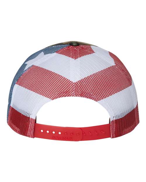 Richardson 112PM Printed Mesh Trucker Cap - Green Camo/ Stars & Stripes - back