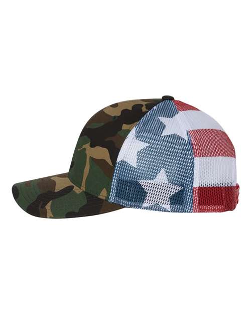 Richardson 112PM Printed Mesh Trucker Cap - Green Camo/ Stars & Stripes - side