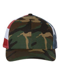 Richardson 112PM Printed Mesh Trucker Cap - Green Camo/ Stars & Stripes - front
