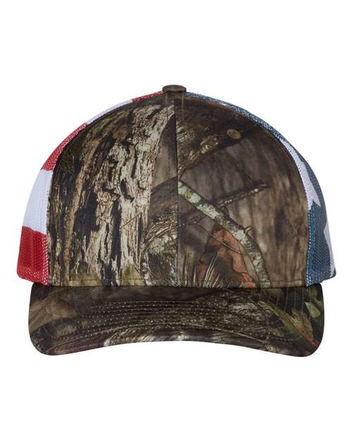 Richardson 112PM Printed Mesh Trucker Cap - Mossy Oak Break-Up Country/ Stars & Stripes - front