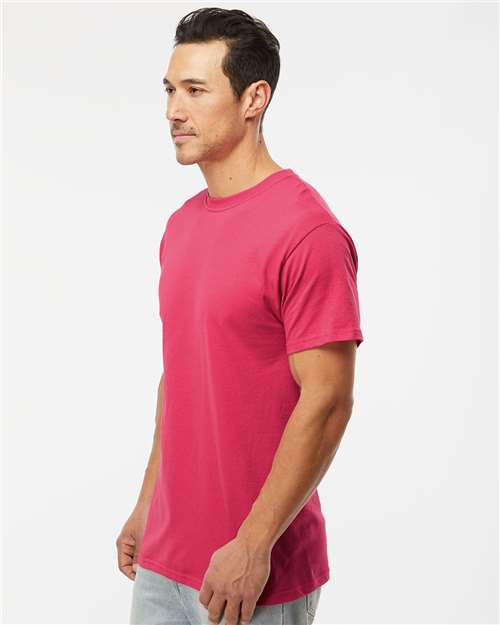 M&O 4800 Men's Gold Soft Touch T-Shirt - Heliconia - model side