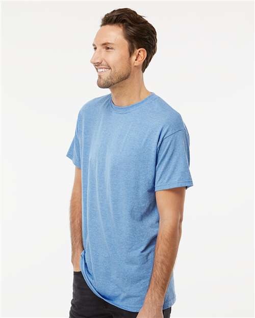 M&O 4800 Men's Gold Soft Touch T-Shirt - Light Blue Heather - model side
