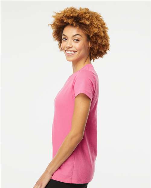 M&O 4810 Women's Gold Soft Touch T-Shirt - Azalea - model side
