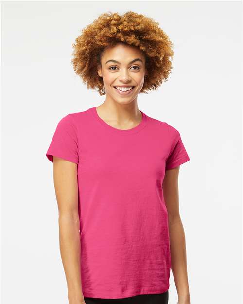 M&O 4810 Women's Gold Soft Touch T-Shirt - Heliconia - model front