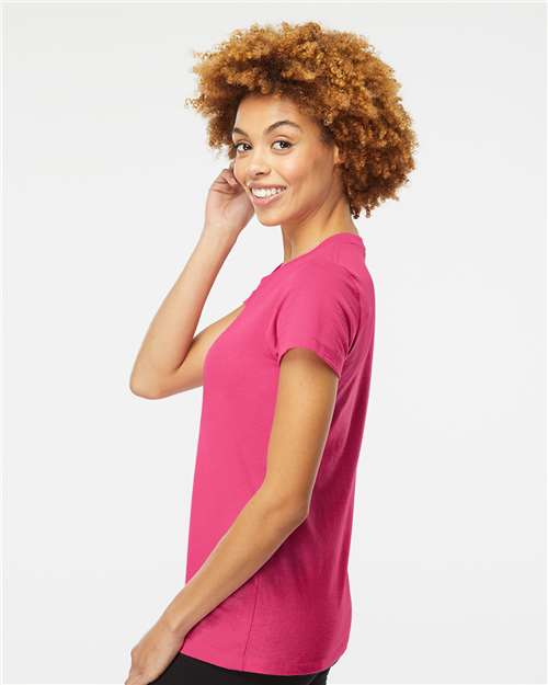 M&O 4810 Women's Gold Soft Touch T-Shirt - Heliconia - model side
