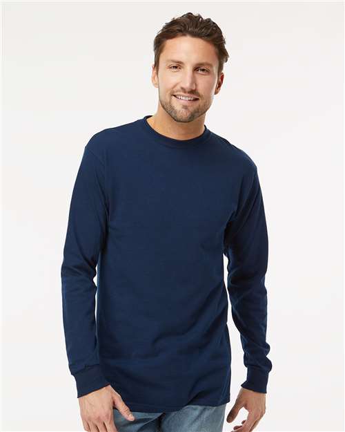 M&O 4820 Unisex Gold Soft Touch Long Sleeve T-Shirt - Deep Navy - model front