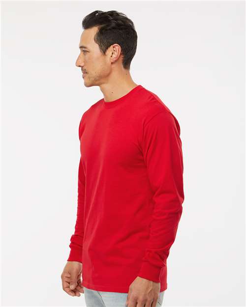 M&O 4820 Unisex Gold Soft Touch Long Sleeve T-Shirt - Deep Red - model side