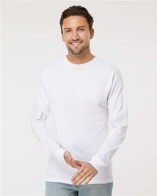 M&O 4820 Unisex Gold Soft Touch Long Sleeve T-Shirt - White - model front