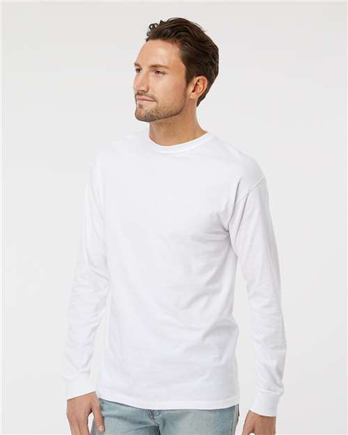 M&O 4820 Unisex Gold Soft Touch Long Sleeve T-Shirt - White - model side