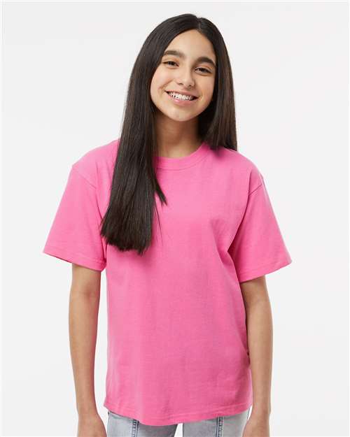 M&O 4850 Youth Gold Soft Touch T-Shirt - Azalea - model front