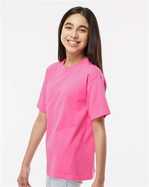 M&O 4850 Youth Gold Soft Touch T-Shirt - Azalea - model side