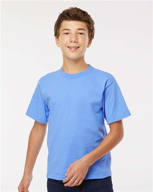 M&O 4850 Youth Gold Soft Touch T-Shirt - Carolina Blue - model front