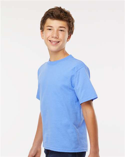 M&O 4850 Youth Gold Soft Touch T-Shirt - Carolina Blue - model side