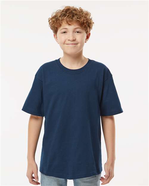 M&O 4850 Youth Gold Soft Touch T-Shirt - Deep Navy - model front