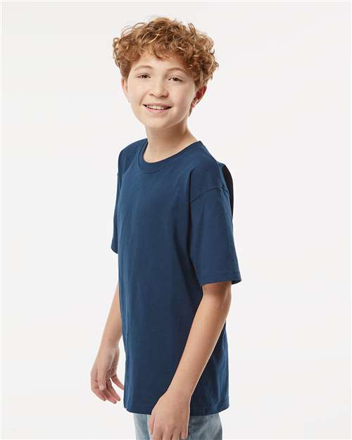 M&O 4850 Youth Gold Soft Touch T-Shirt - Deep Navy - model side