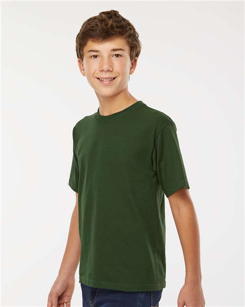 M&O 4850 Youth Gold Soft Touch T-Shirt - Forest Green - model side