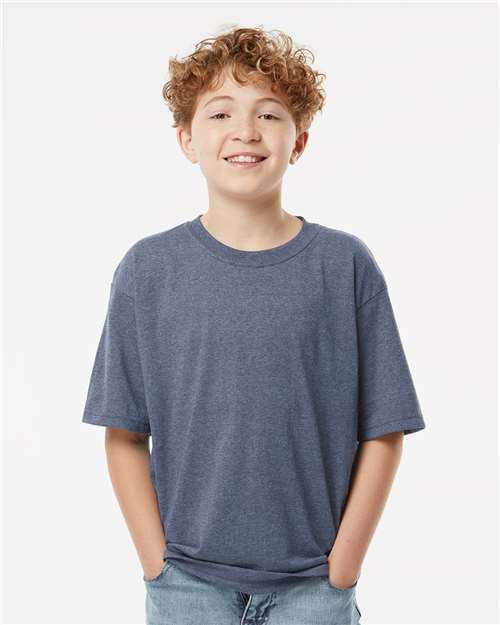 M&O 4850 Youth Gold Soft Touch T-Shirt - Heather Navy - model front