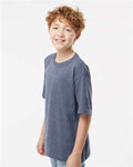 M&O 4850 Youth Gold Soft Touch T-Shirt - Heather Navy - model side