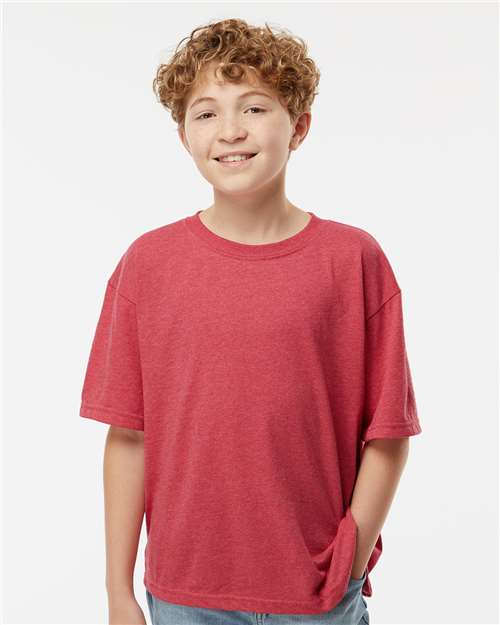 M&O 4850 Youth Gold Soft Touch T-Shirt - Heather Red - model front