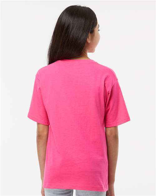 M&O 4850 Youth Gold Soft Touch T-Shirt - Heliconia - model back