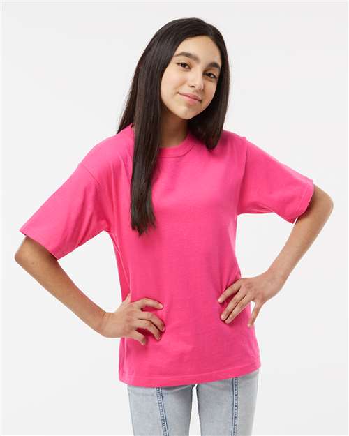 M&O 4850 Youth Gold Soft Touch T-Shirt - Heliconia - model front