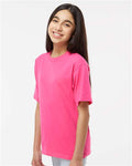 M&O 4850 Youth Gold Soft Touch T-Shirt - Heliconia - model side