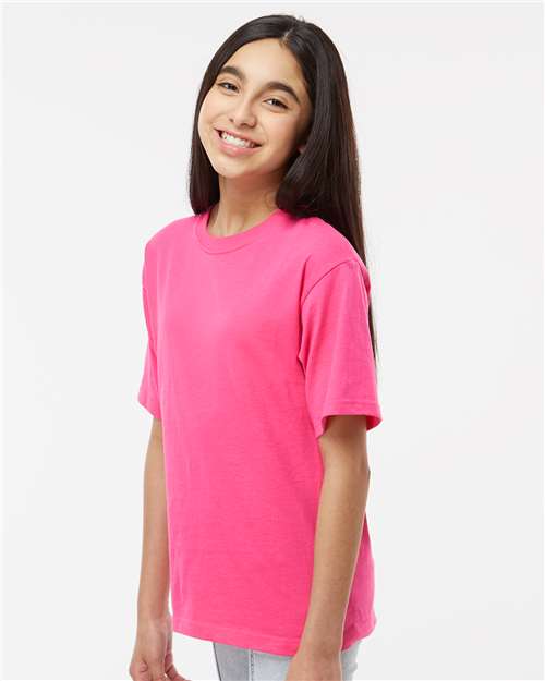 M&O 4850 Youth Gold Soft Touch T-Shirt - Heliconia - model side