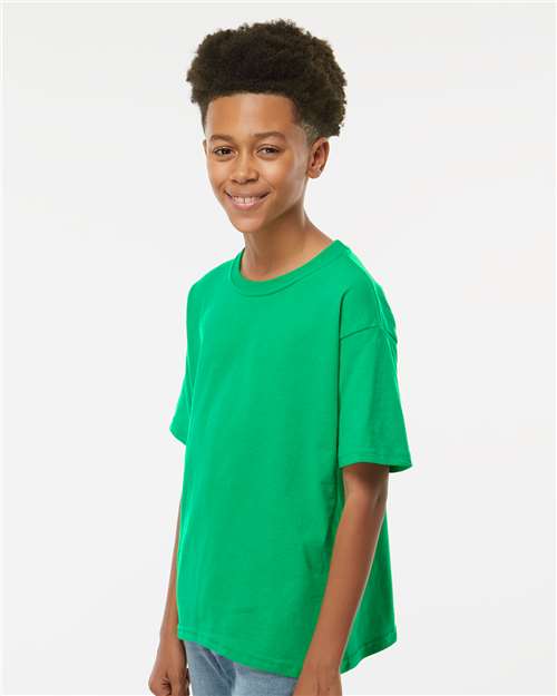 M&O 4850 Youth Gold Soft Touch T-Shirt - Irish Green - model side