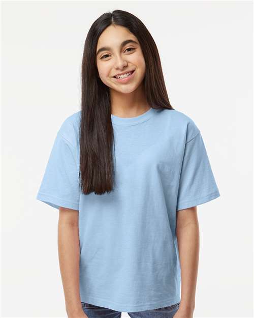 M&O 4850 Youth Gold Soft Touch T-Shirt - Light Blue - model front