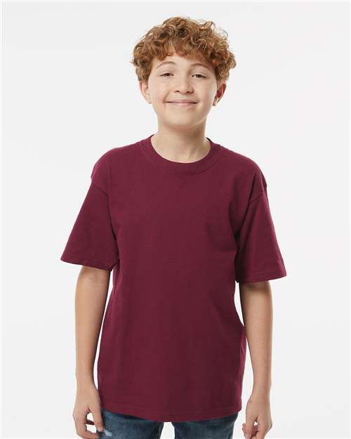M&O 4850 Youth Gold Soft Touch T-Shirt - Maroon - model front