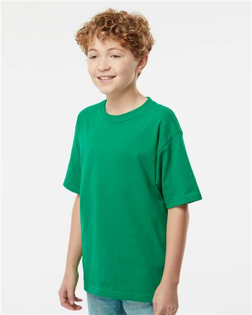 M&O 4850 Youth Gold Soft Touch T-Shirt - Fine Kelly Green - model side
