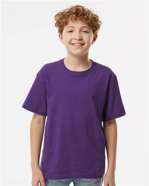 M&O 4850 Youth Gold Soft Touch T-Shirt - Purple - model front