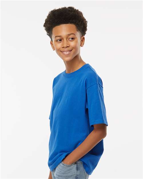 M&O 4850 Youth Gold Soft Touch T-Shirt - Royal - model side