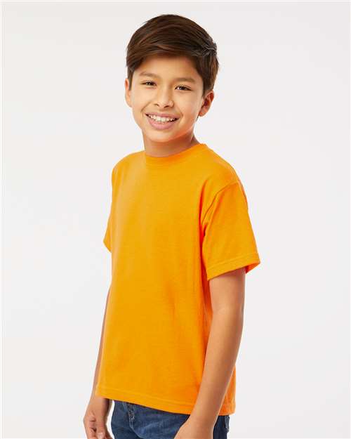 M&O 4850 Youth Gold Soft Touch T-Shirt - Safety Orange - model side